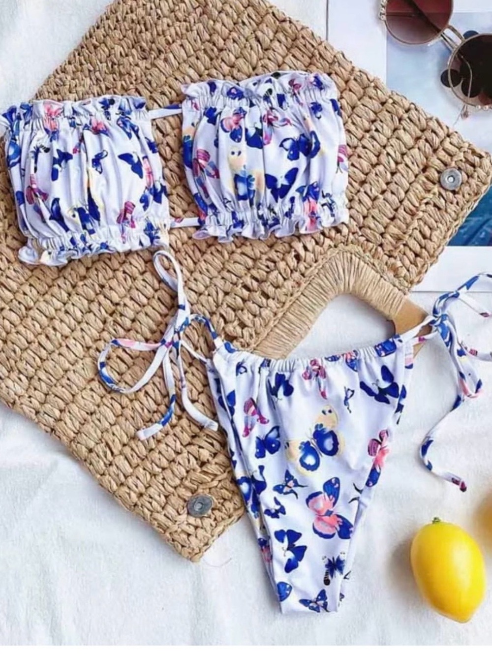 White Strapless Ruffle Bikini Set with Blue Floral Printing